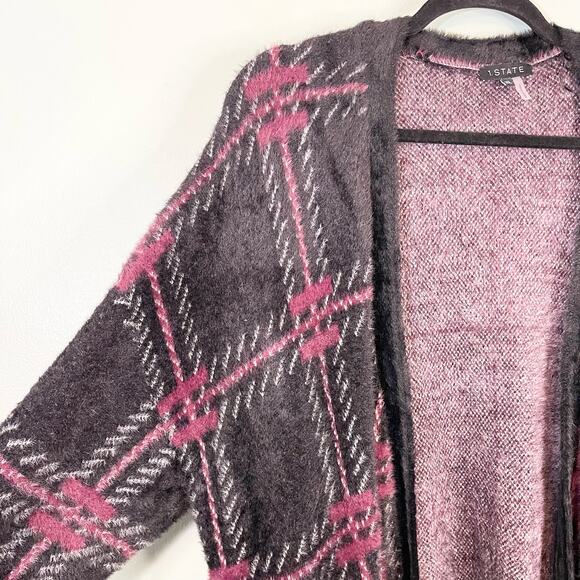 1 State Cardigan Womens XL Black Purple Plaid Long Sleeve Open Front Fuzzy Fur - Picture 3 of 7